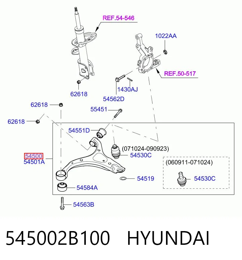 545002B100 Hyundai/Kia Braço oscilante inferior esquerdo de suspensão dianteira