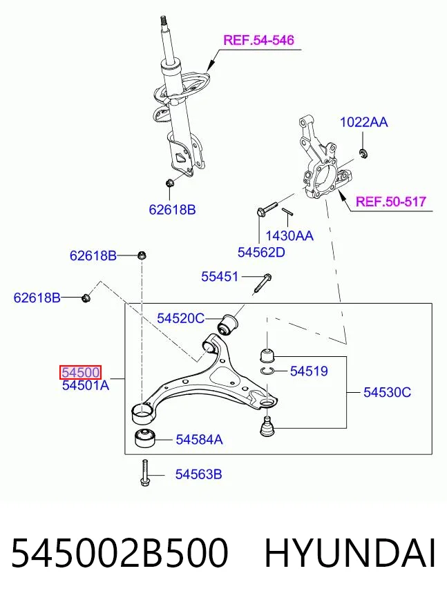 545002B500 Hyundai/Kia Braço oscilante inferior esquerdo de suspensão dianteira