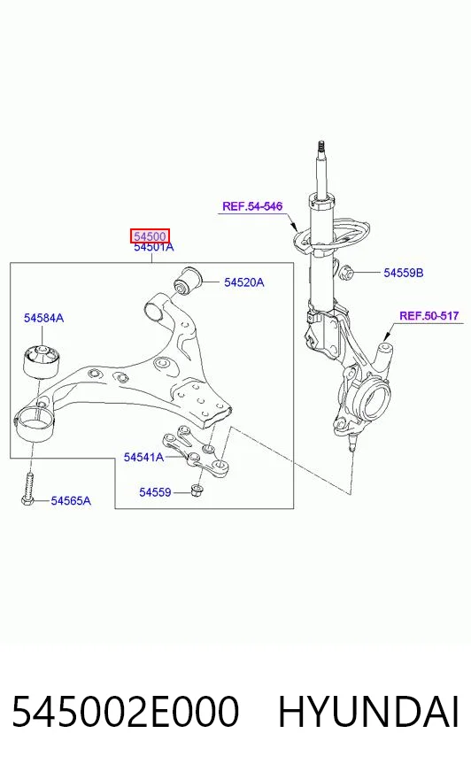 545002E000 Hyundai/Kia Braço oscilante inferior esquerdo de suspensão dianteira