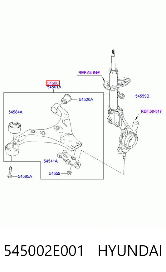 545002E001 Hyundai/Kia Braço oscilante inferior esquerdo de suspensão dianteira