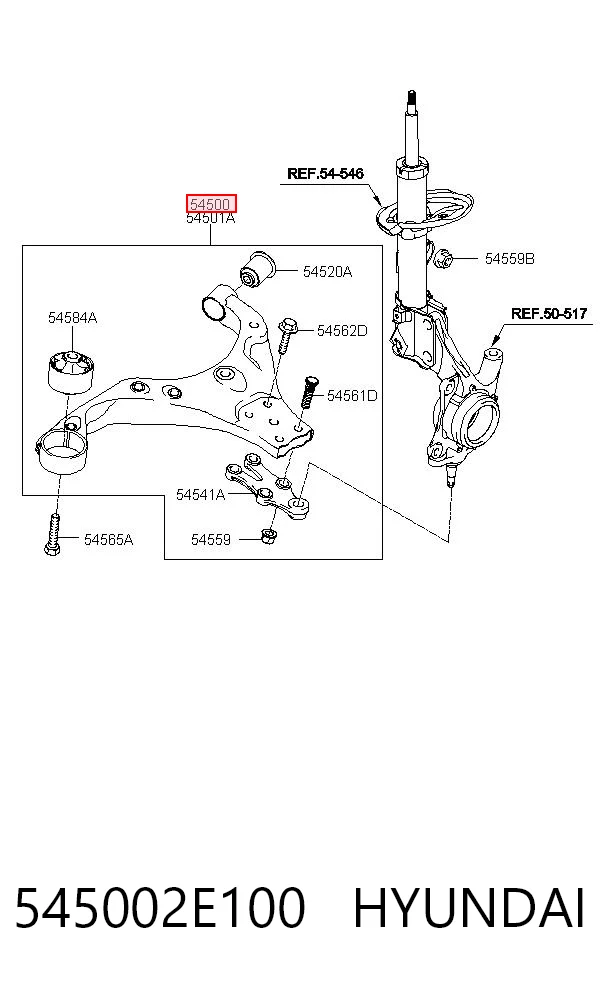 545002E100 Hyundai/Kia Braço oscilante inferior esquerdo de suspensão dianteira