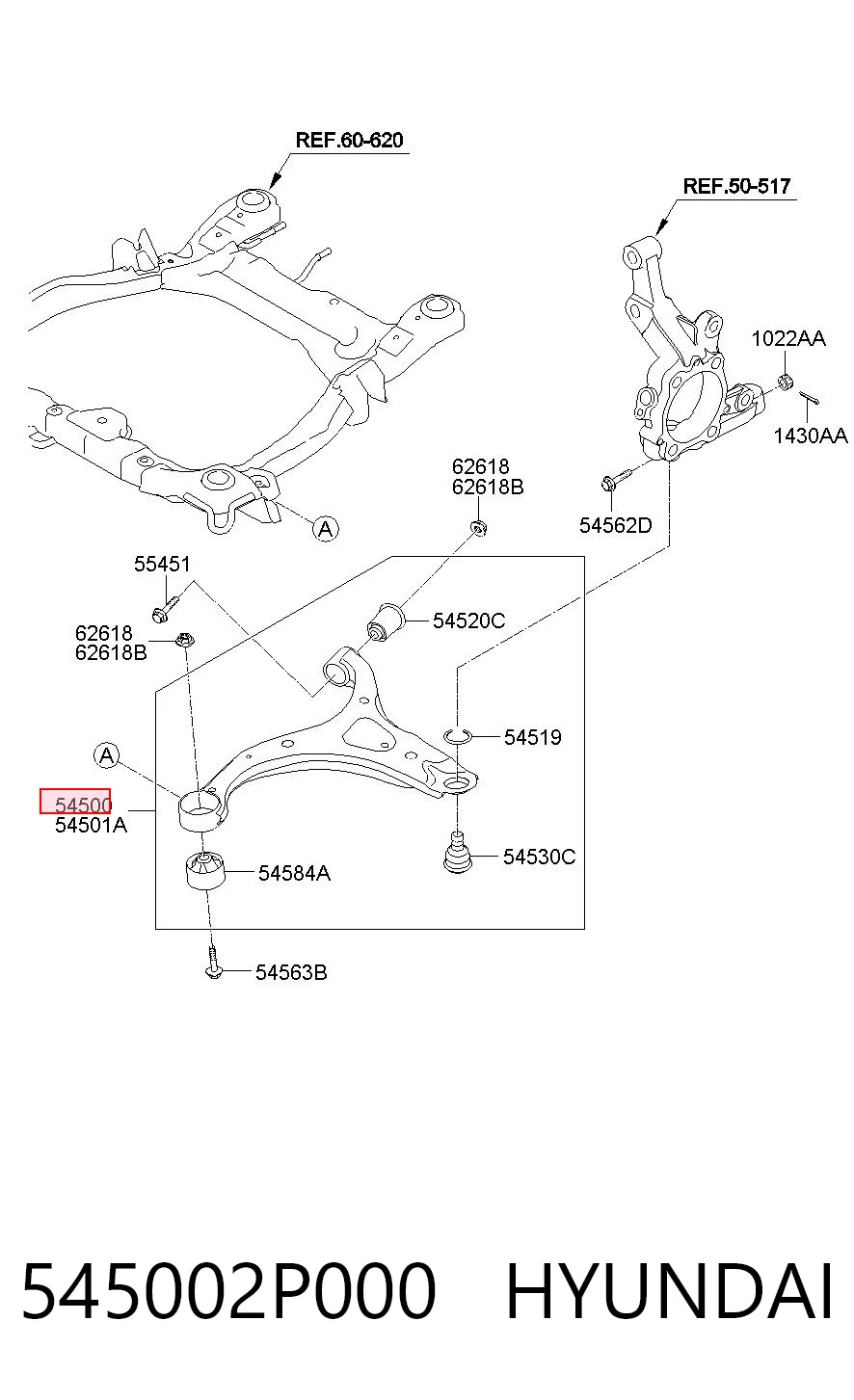 545002P000 Hyundai/Kia Braço oscilante inferior esquerdo de suspensão dianteira