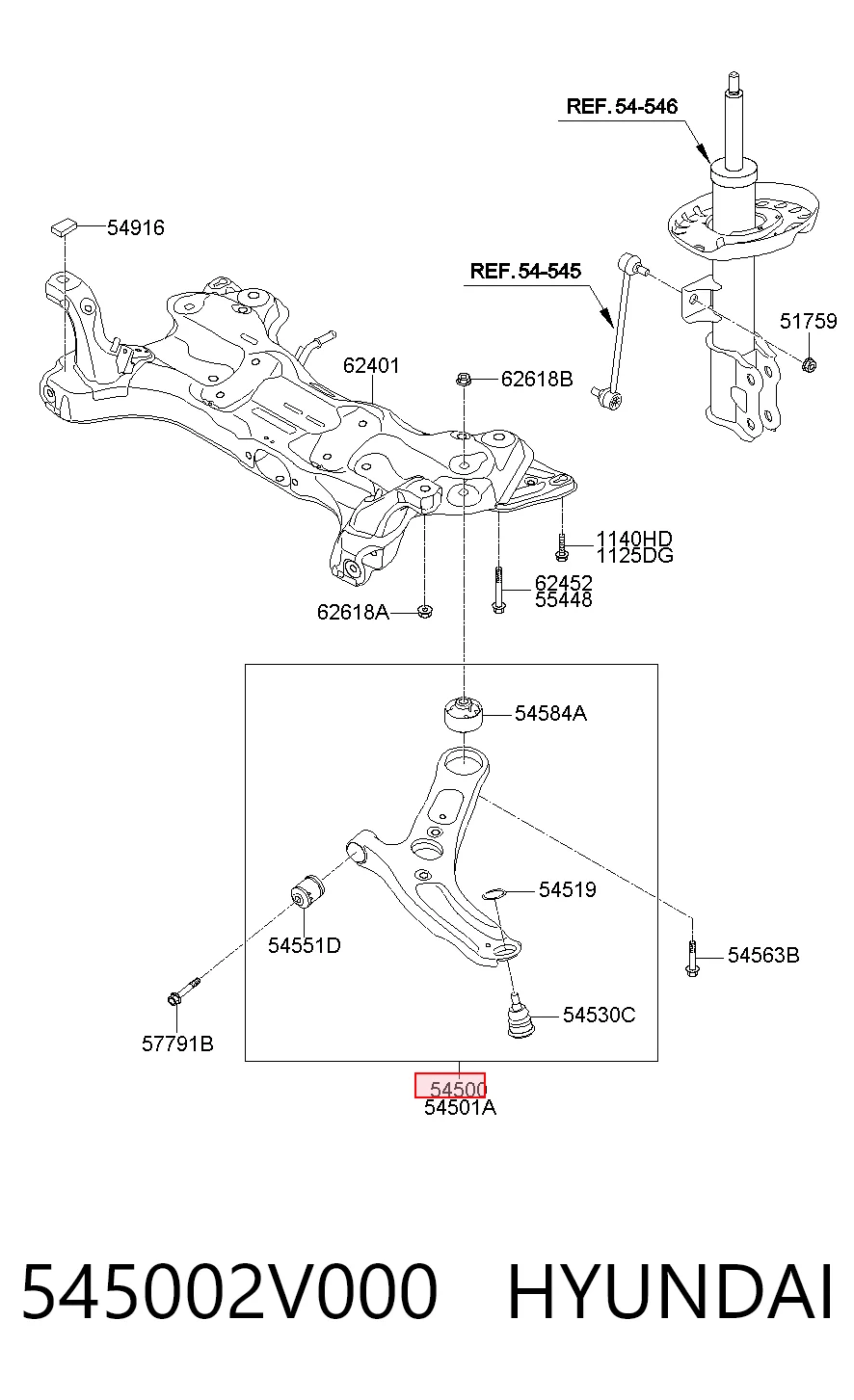 545002V000 Hyundai/Kia Braço oscilante inferior esquerdo de suspensão dianteira