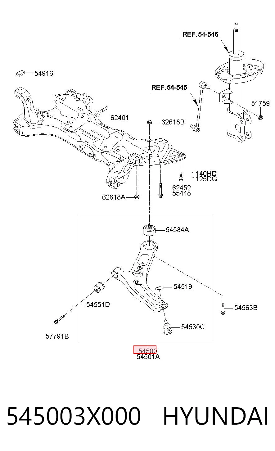 545003X000 Hyundai/Kia Braço oscilante inferior esquerdo de suspensão dianteira