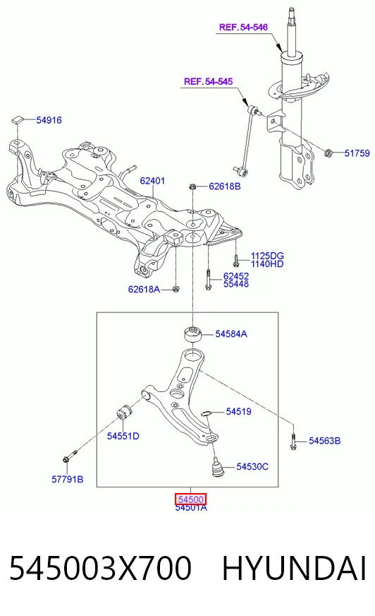 545003X700 Hyundai/Kia Braço oscilante inferior esquerdo de suspensão dianteira