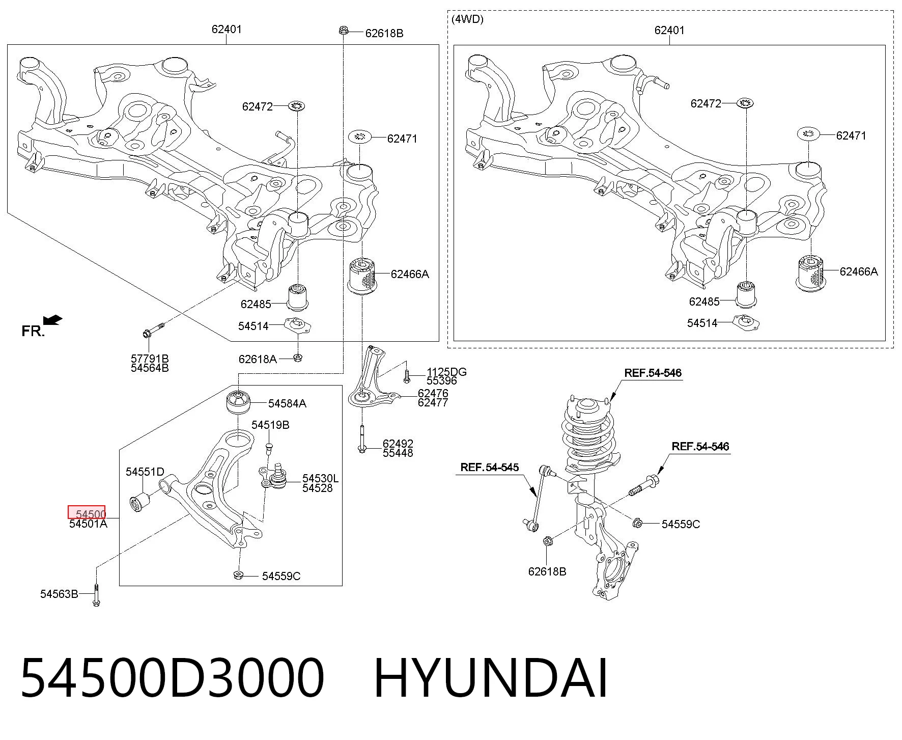 54500D3000 Hyundai/Kia Braço oscilante inferior esquerdo de suspensão dianteira