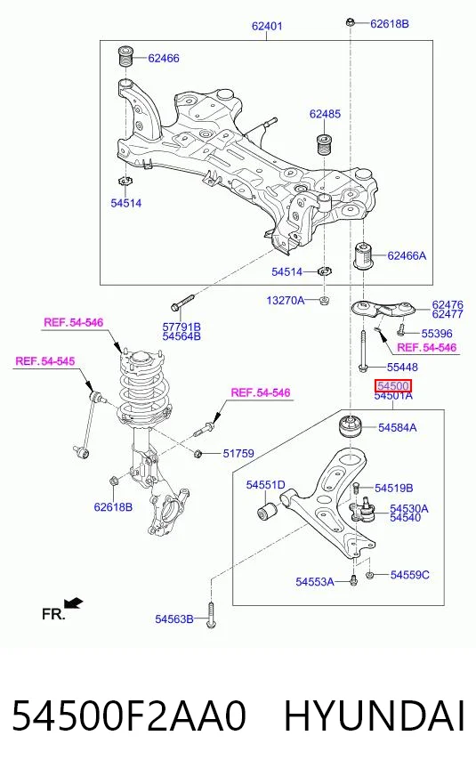 54500F2AA0 Hyundai/Kia Braço oscilante inferior esquerdo de suspensão dianteira