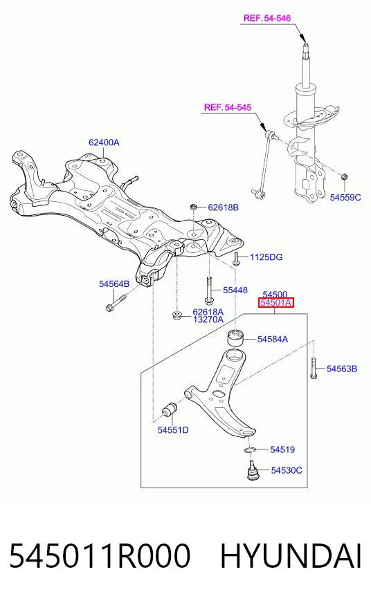 545011R000 Hyundai/Kia Braço oscilante inferior direito de suspensão dianteira