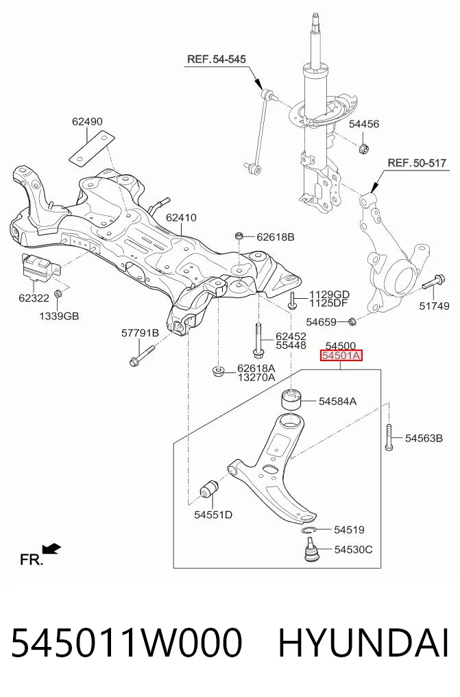 545011W000 Hyundai/Kia Braço oscilante inferior direito de suspensão dianteira