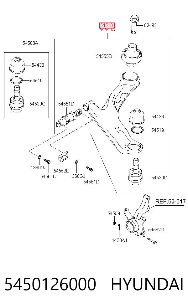 5450126000 Hyundai/Kia Braço oscilante inferior esquerdo de suspensão dianteira