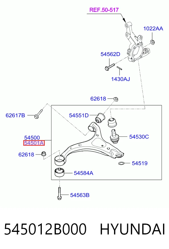 545012B000 Hyundai/Kia Braço oscilante inferior direito de suspensão dianteira
