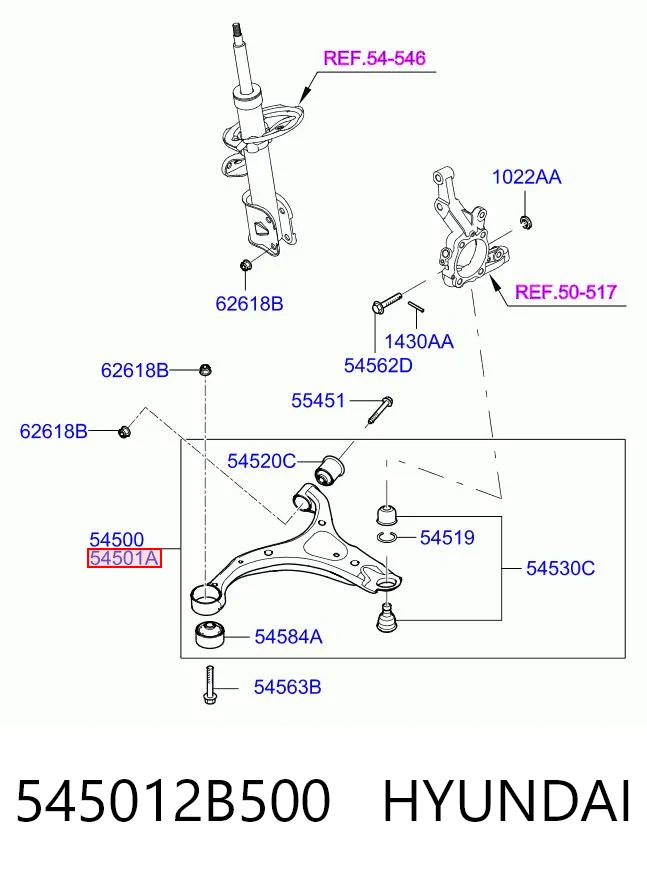 545012B500 Hyundai/Kia Braço oscilante inferior direito de suspensão dianteira