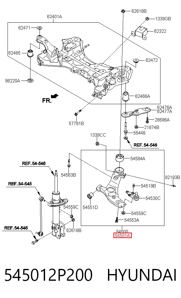 545012P200 Hyundai/Kia Braço oscilante inferior direito de suspensão dianteira
