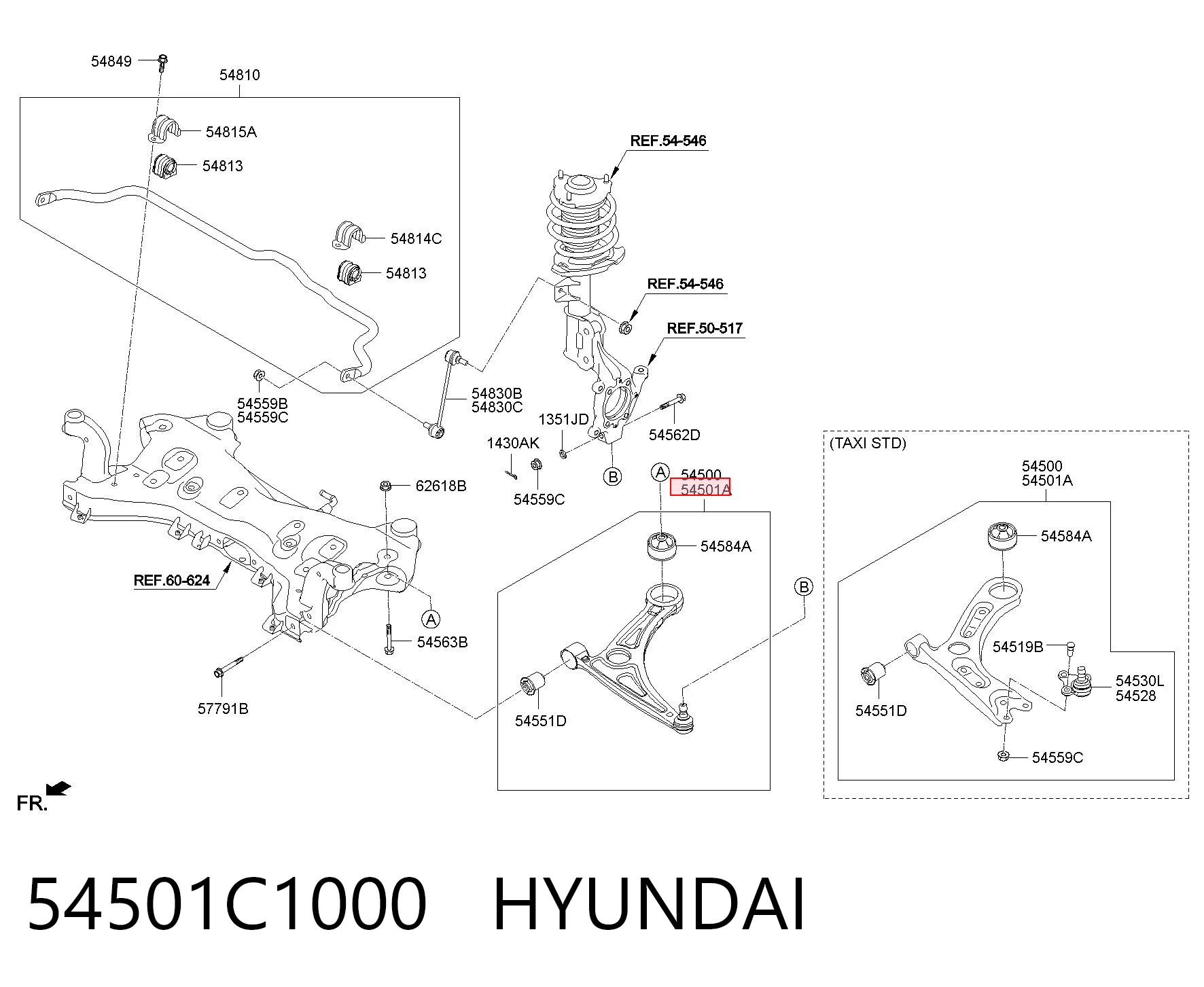 54501C1000 Hyundai/Kia Braço oscilante inferior direito de suspensão dianteira