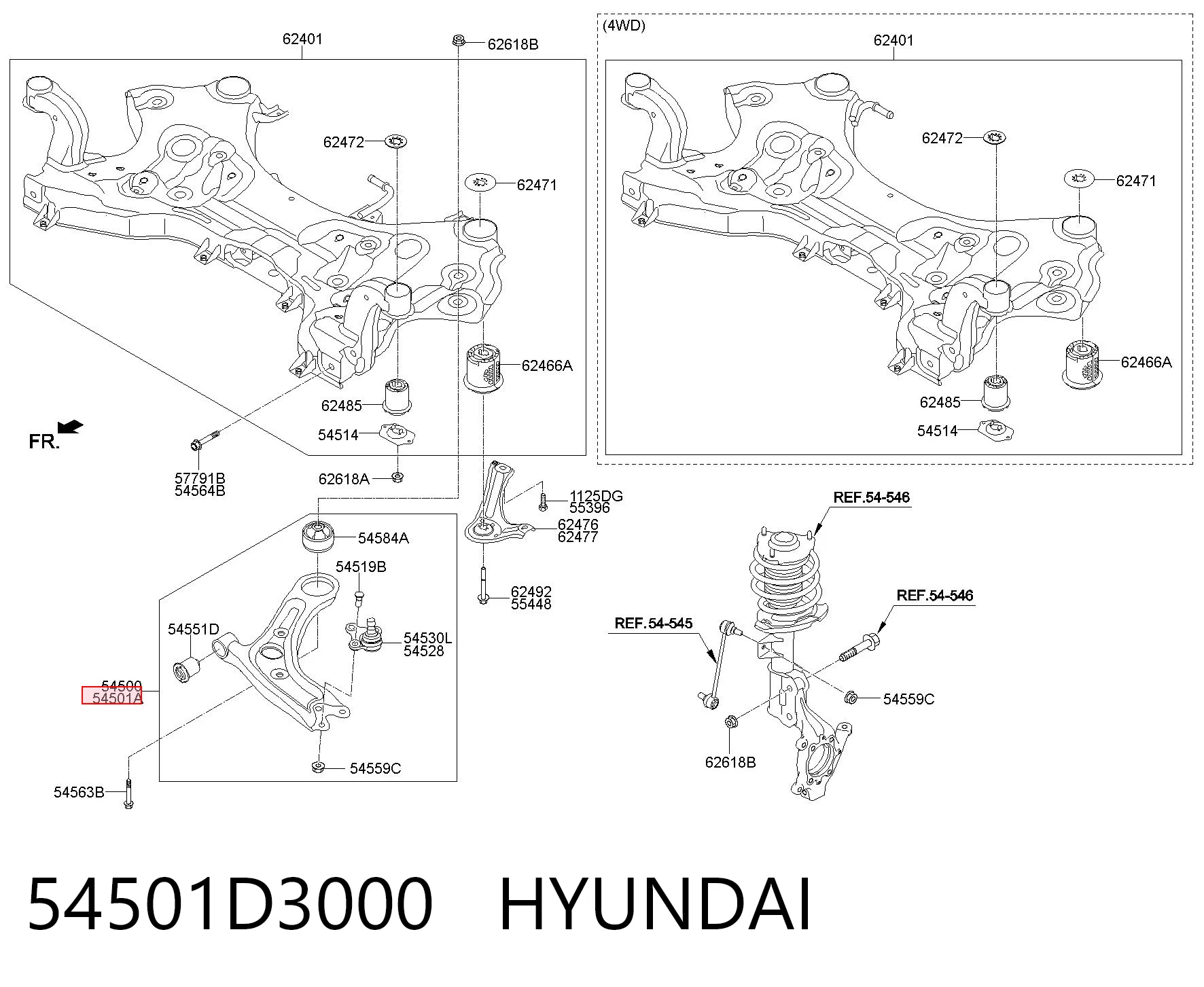 54501D3000 Hyundai/Kia Braço oscilante inferior direito de suspensão dianteira