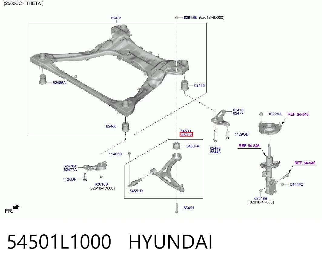 54501L1000 Hyundai/Kia Braço oscilante inferior direito de suspensão dianteira