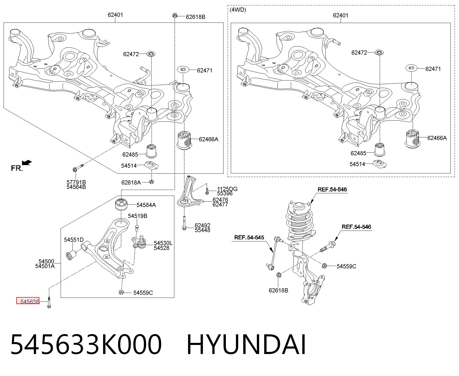 545633K000 Hyundai/Kia Parafuso de fixação de braço oscilante dianteiro, inferior