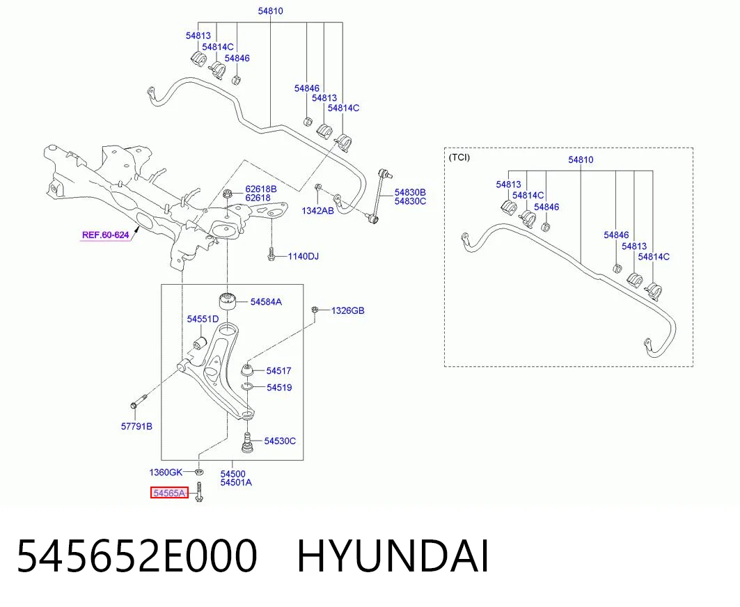 545652E000 Hyundai/Kia Parafuso de fixação de braço oscilante dianteiro, inferior