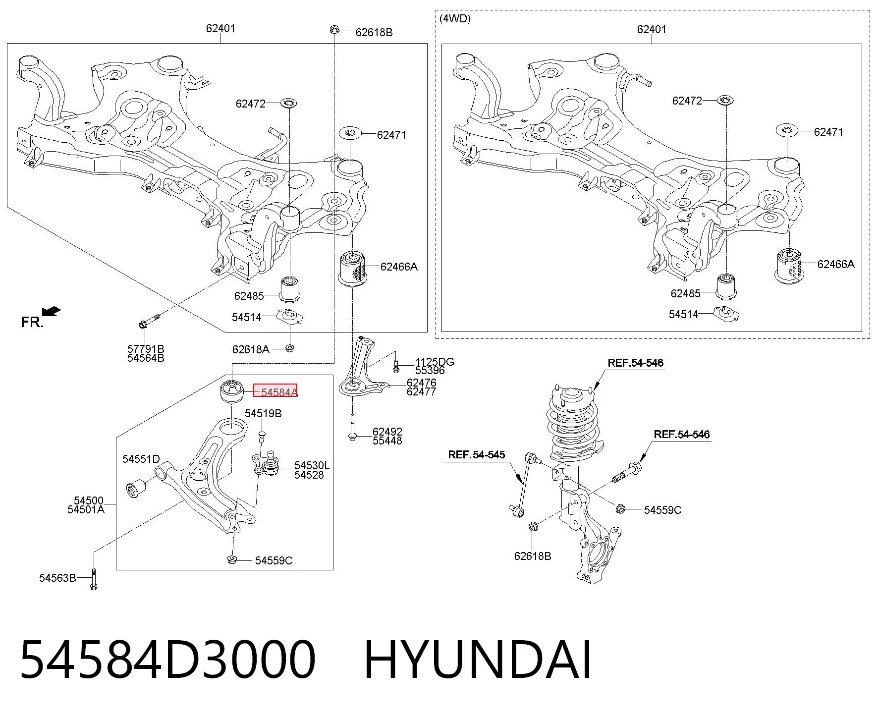 54584D3000 Hyundai/Kia Bloco silencioso dianteiro do braço oscilante inferior
