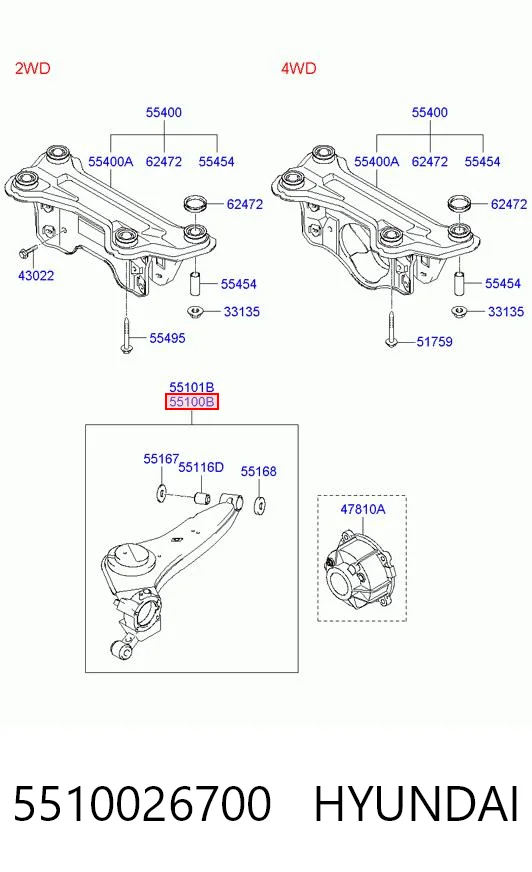 5510026700 Hyundai/Kia Braço oscilante (tração) longitudinal inferior esquerdo de suspensão traseira