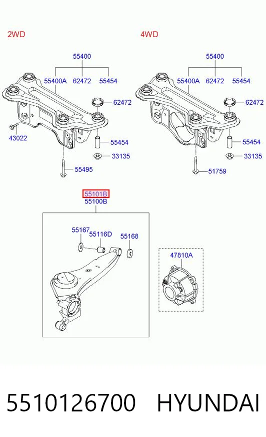 5510126700 Hyundai/Kia Braço oscilante (tração) longitudinal inferior direito de suspensão traseira