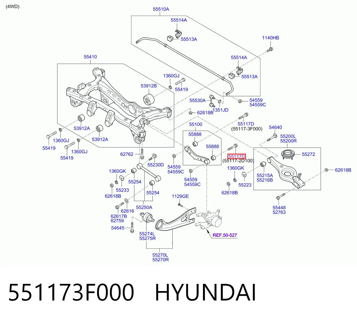 551173F000 Hyundai/Kia Parafuso de fixação do braço oscilante superior traseiro, interno