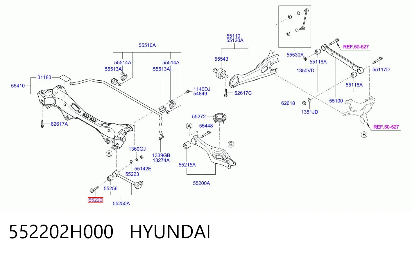 552202H000 Hyundai/Kia Parafuso de fixação de braço oscilante de inclinação traseiro, interno