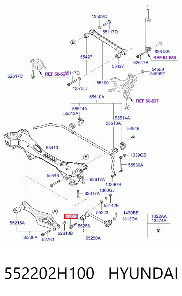 552202H100 Hyundai/Kia Parafuso de fixação de braço oscilante de inclinação traseiro, interno