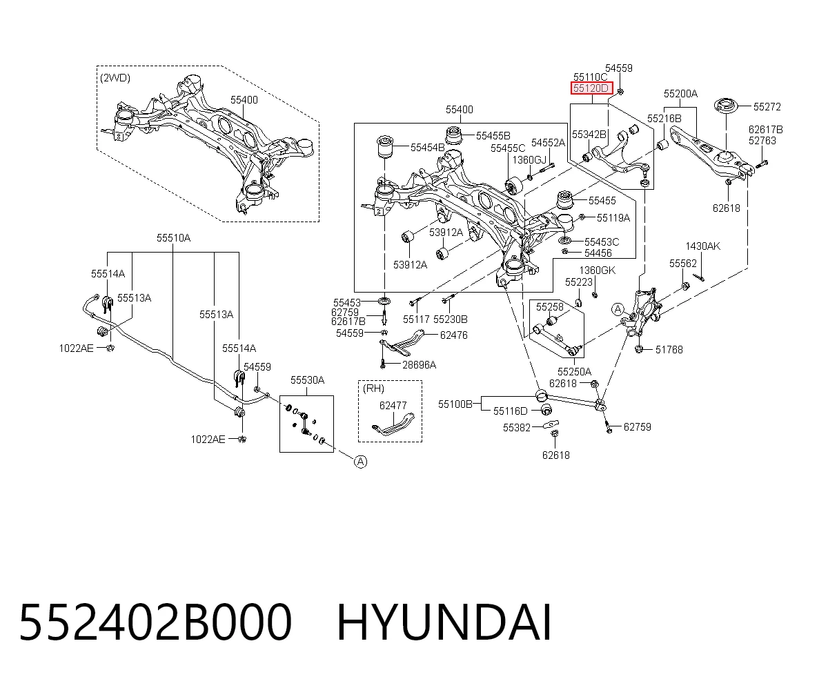 552402B000 Hyundai/Kia Braço oscilante superior direito de suspensão traseira