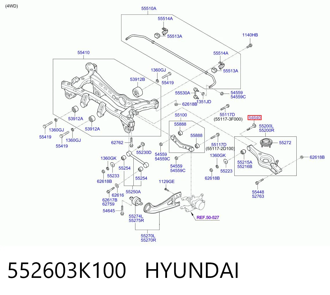 552603K100 Hyundai/Kia Parafuso de fixação do braço oscilante inferior traseiro, interno