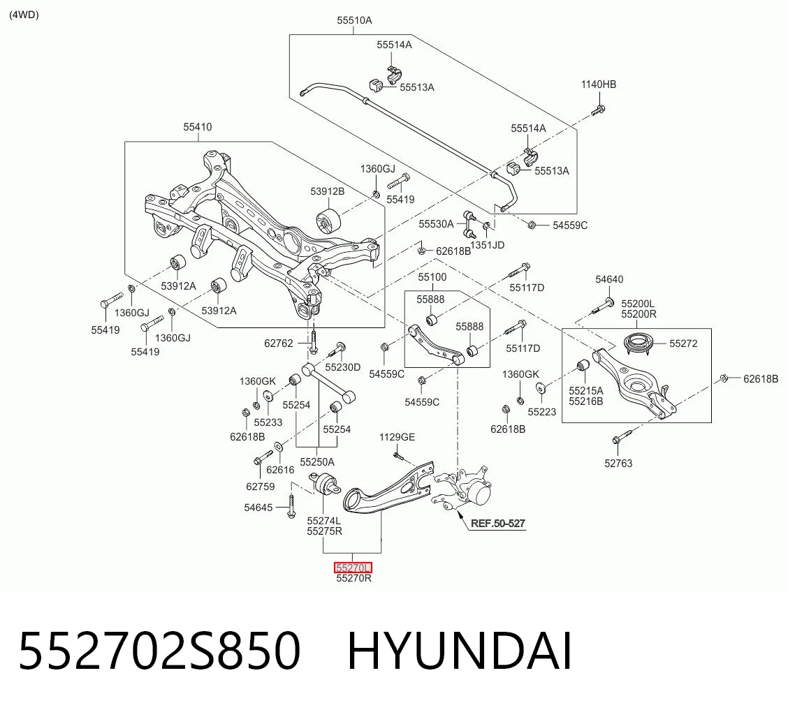 552702S850 Hyundai/Kia Braço oscilante (tração) longitudinal inferior esquerdo de suspensão traseira