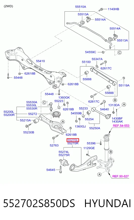 552702S850DS Hyundai/Kia Braço oscilante (tração) longitudinal inferior esquerdo de suspensão traseira