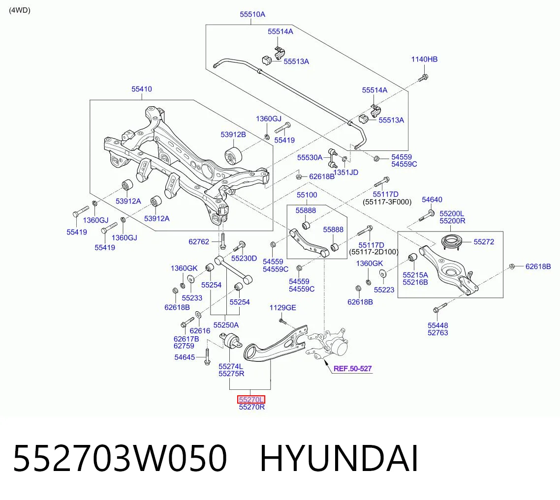 552703W050 Hyundai/Kia Braço oscilante (tração) longitudinal inferior esquerdo de suspensão traseira