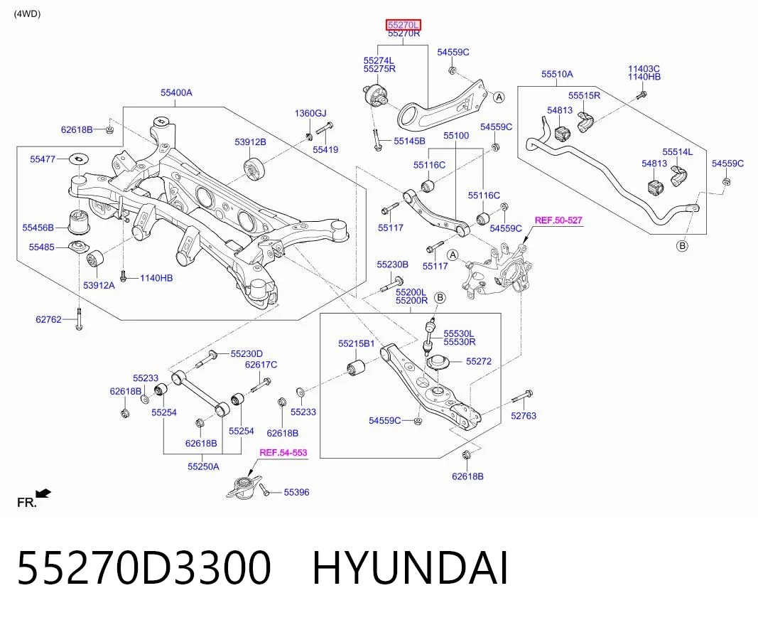 55270D3300 Hyundai/Kia Braço oscilante (tração) longitudinal inferior esquerdo de suspensão traseira