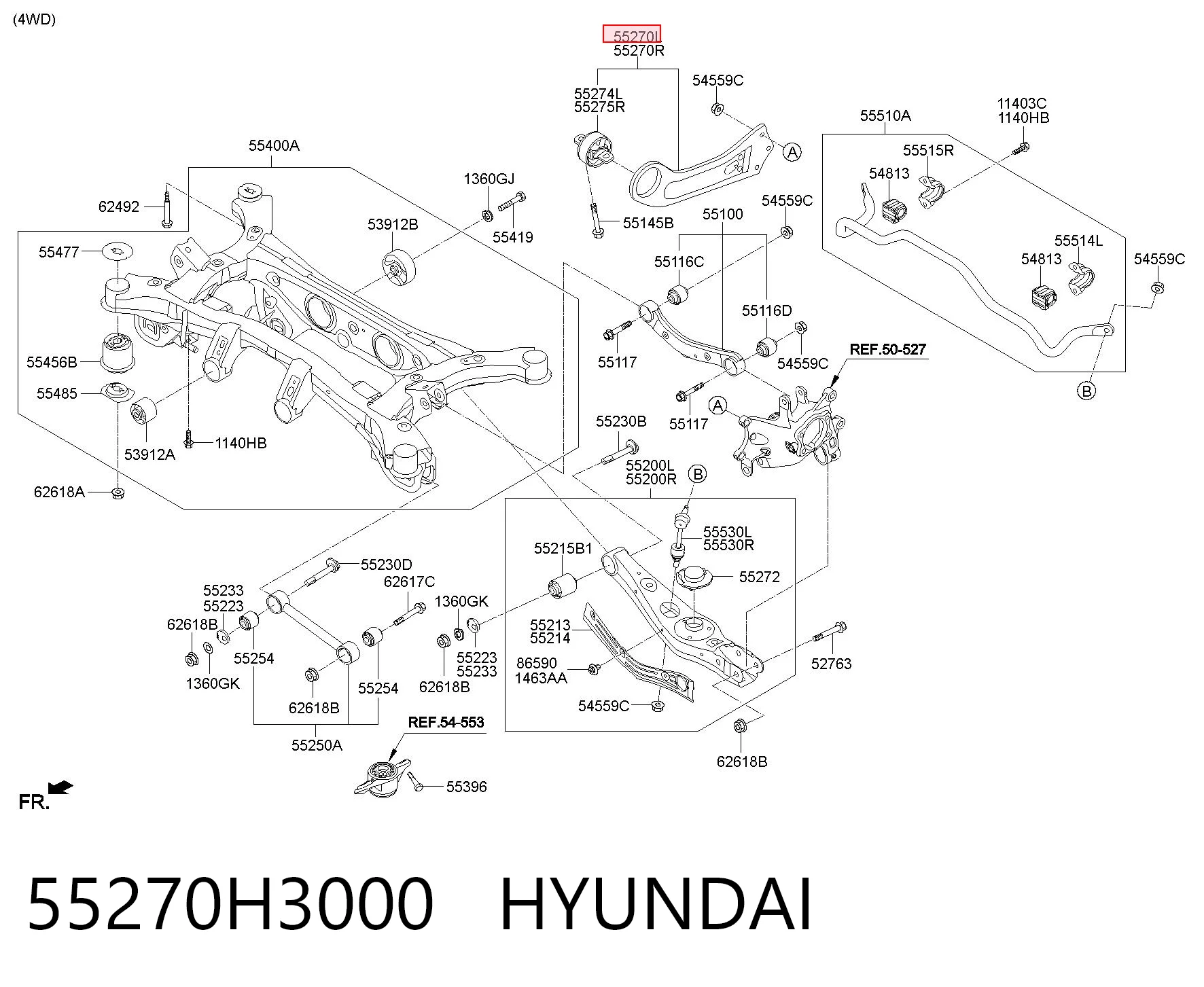 55270H3000 Hyundai/Kia Braço oscilante (tração) longitudinal inferior esquerdo de suspensão traseira