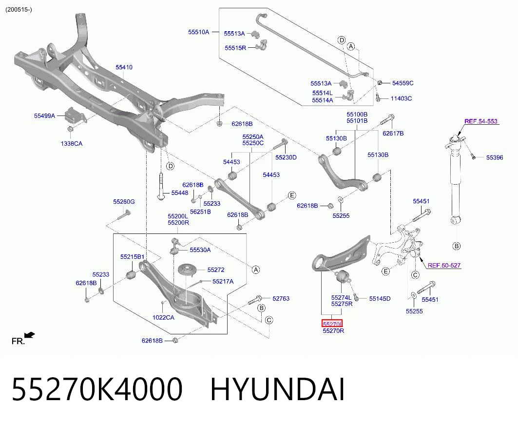55270K4000 Hyundai/Kia Braço oscilante (tração) longitudinal inferior esquerdo de suspensão traseira