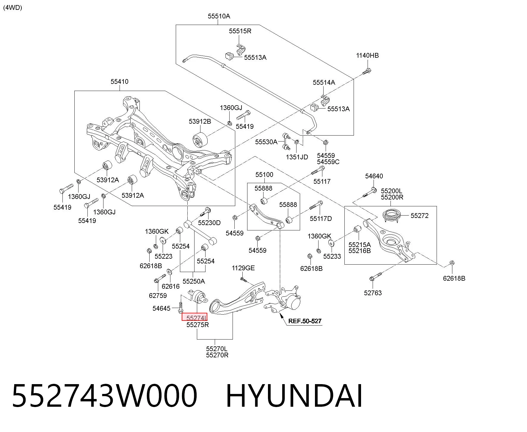 552743W000 Hyundai/Kia Bloco silencioso do braço oscilante inferior traseiro longitudinal