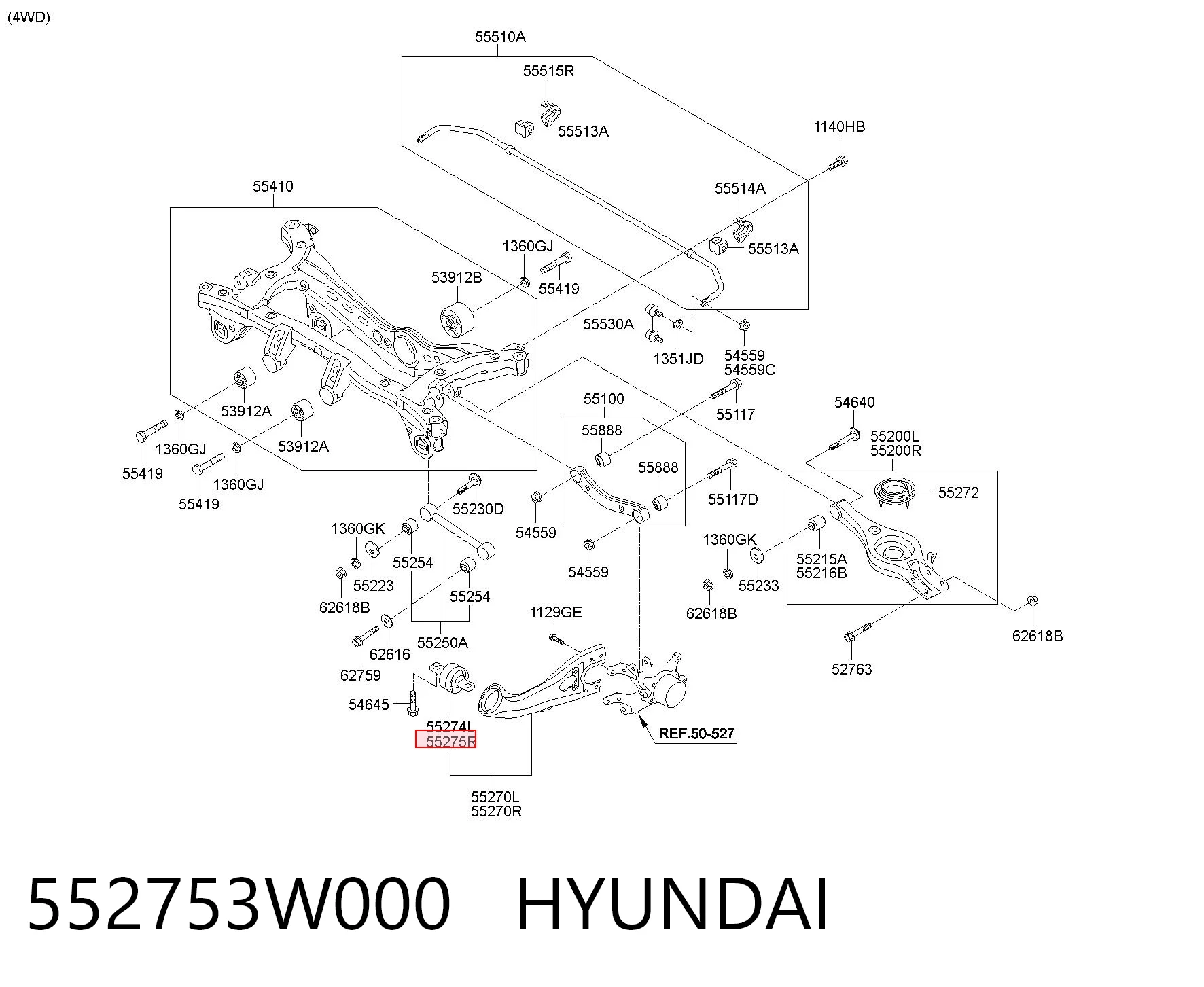552753W000 Hyundai/Kia Bloco silencioso do braço oscilante inferior traseiro longitudinal