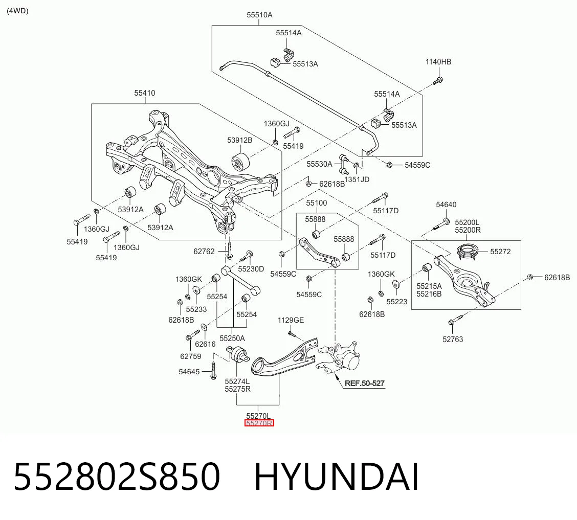 552802S850 Hyundai/Kia Braço oscilante (tração) longitudinal inferior direito de suspensão traseira