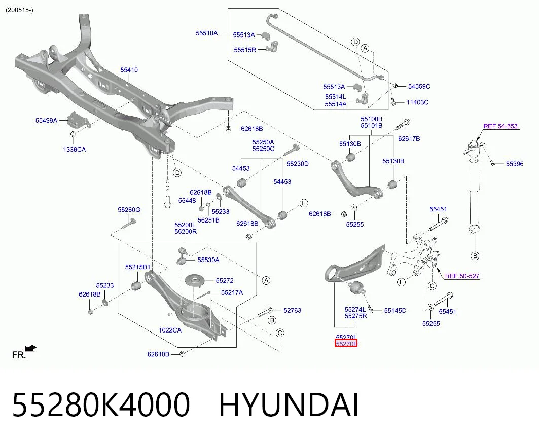 55280K4000 Hyundai/Kia Braço oscilante (tração) longitudinal inferior direito de suspensão traseira