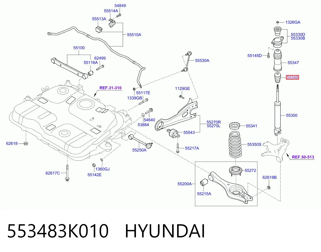 553483K010 Hyundai/Kia Pára-choque (grade de proteção) de amortecedor traseiro