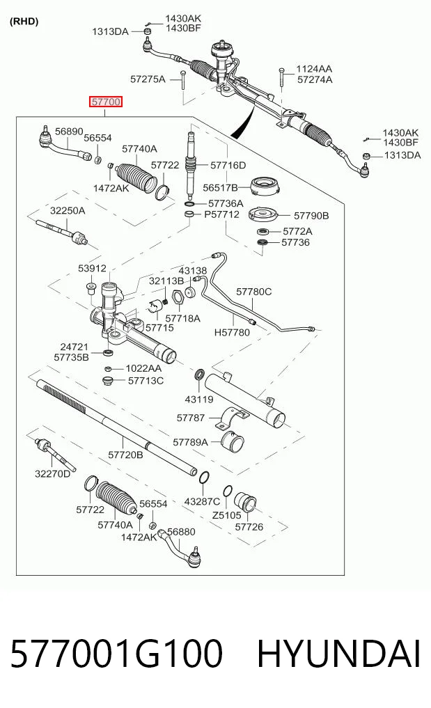 577001G100 Hyundai/Kia Cremalheira da direção