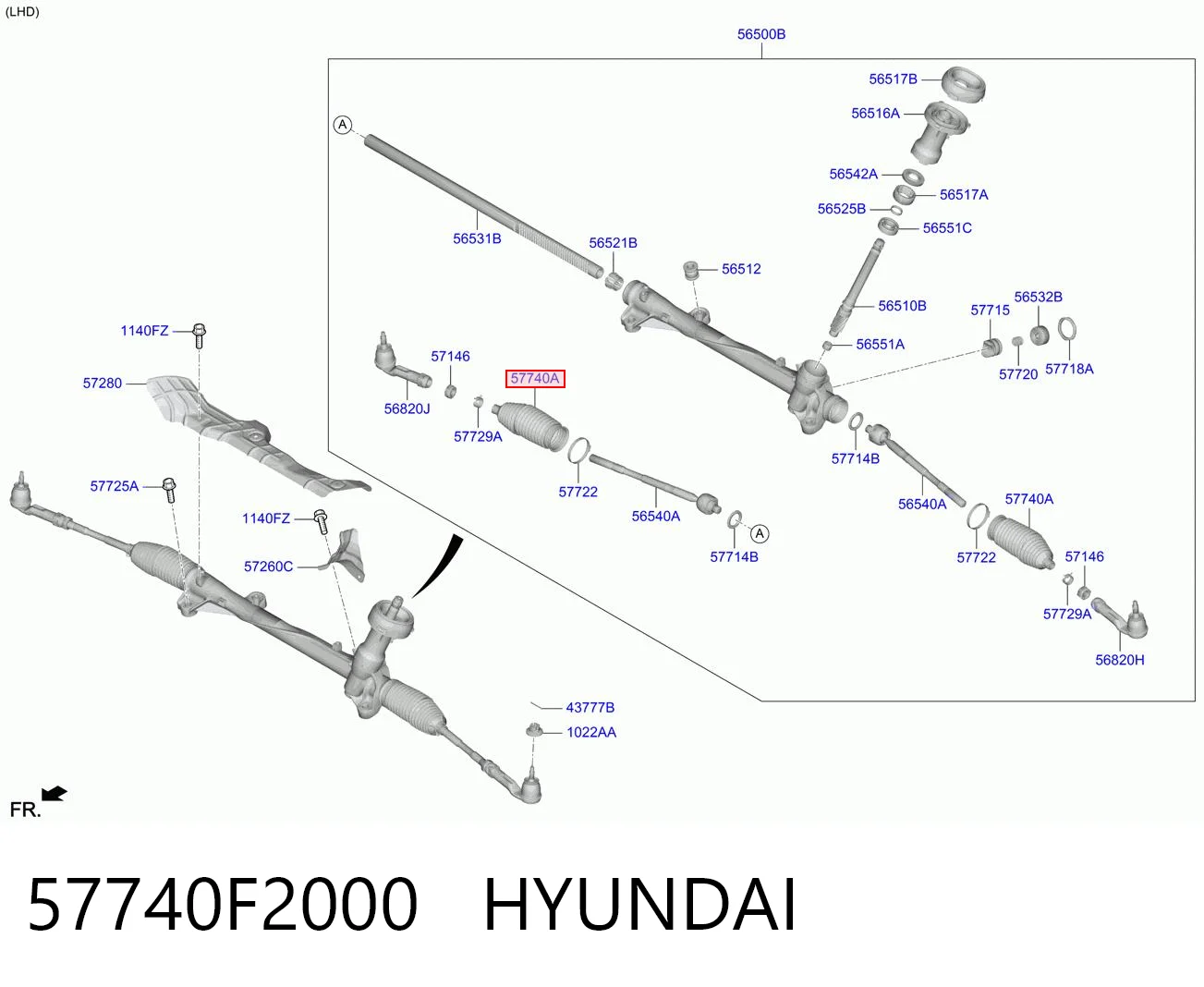 57740F2000 Hyundai/Kia Bota de proteção do mecanismo de direção (de cremalheira)