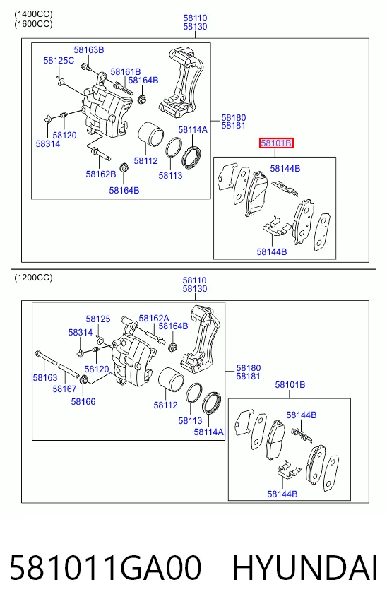 581011GA00 Hyundai/Kia Sapatas do freio dianteiras de disco