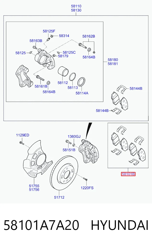 58101A7A20 Hyundai/Kia Sapatas do freio dianteiras de disco