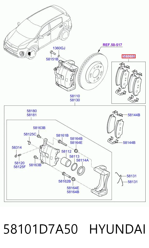 58101D7A50 Hyundai/Kia Sapatas do freio dianteiras de disco