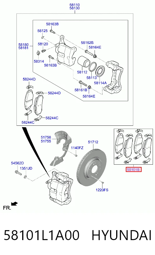 58101L1A00 Hyundai/Kia Sapatas do freio dianteiras de disco