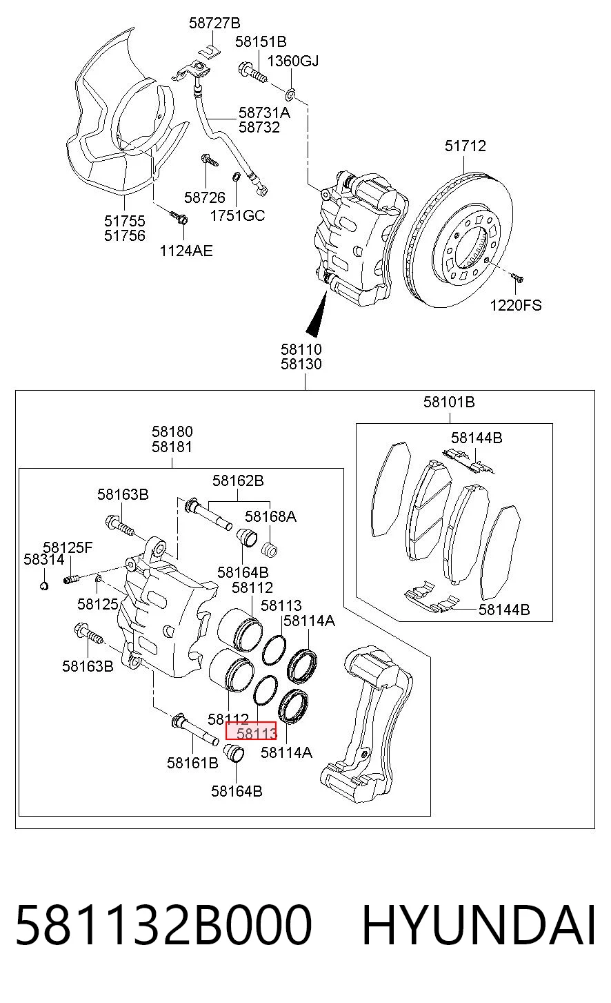 581132B000 Hyundai/Kia Kit de reparação de suporte do freio dianteiro