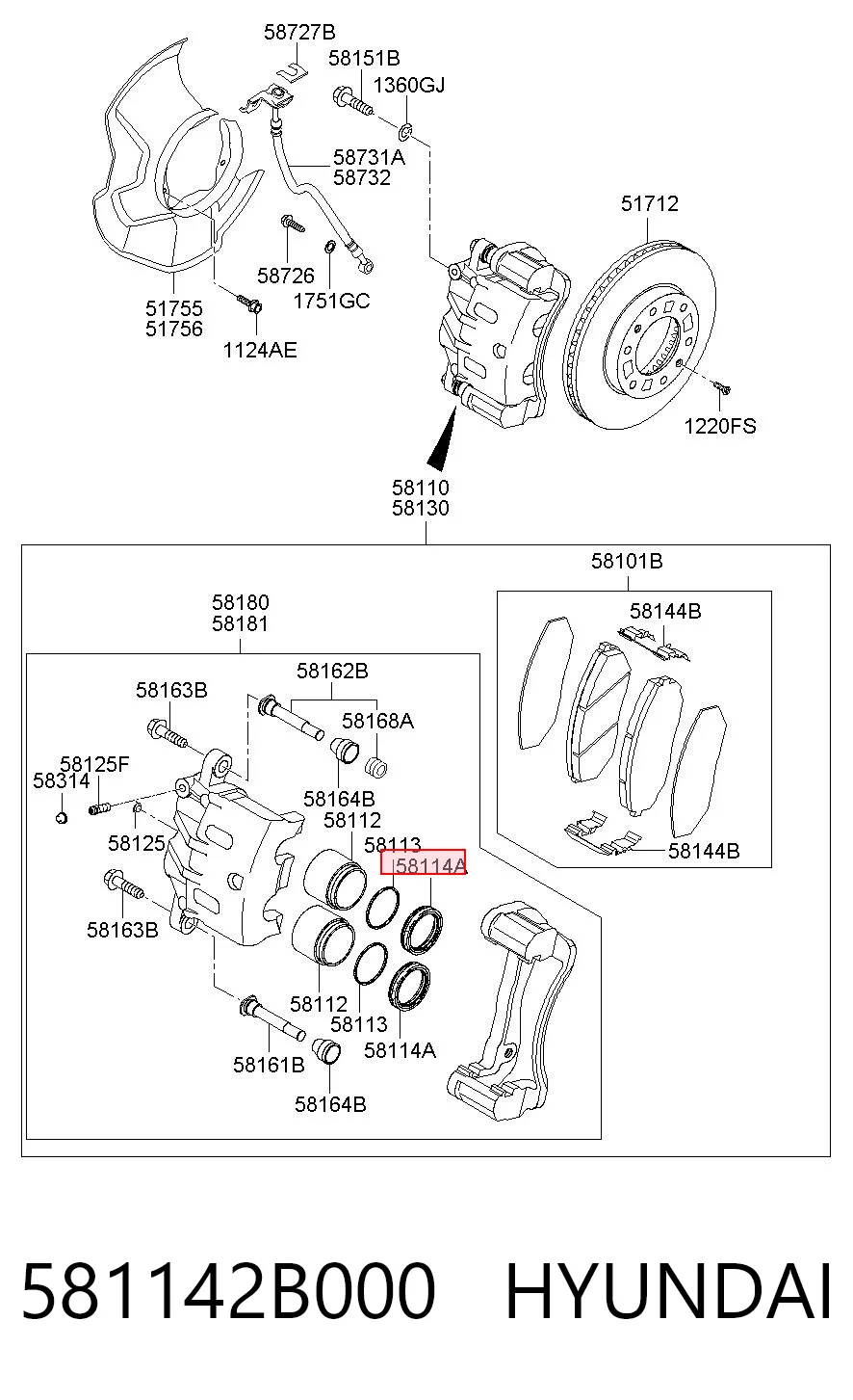 581142B000 Hyundai/Kia Bucim de suporte dianteiro