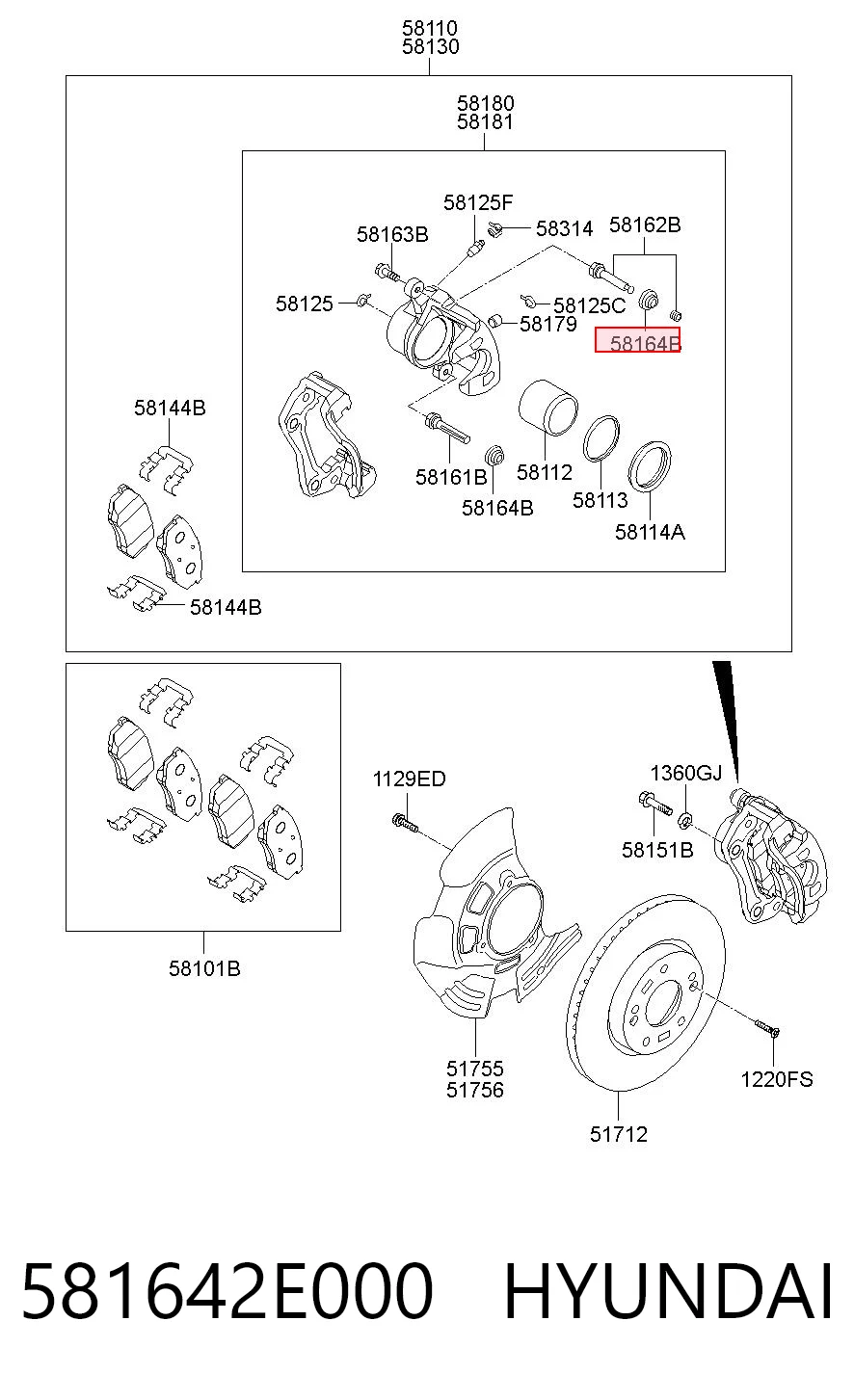 581642E000 Hyundai/Kia Kit de reparação de suporte do freio dianteiro